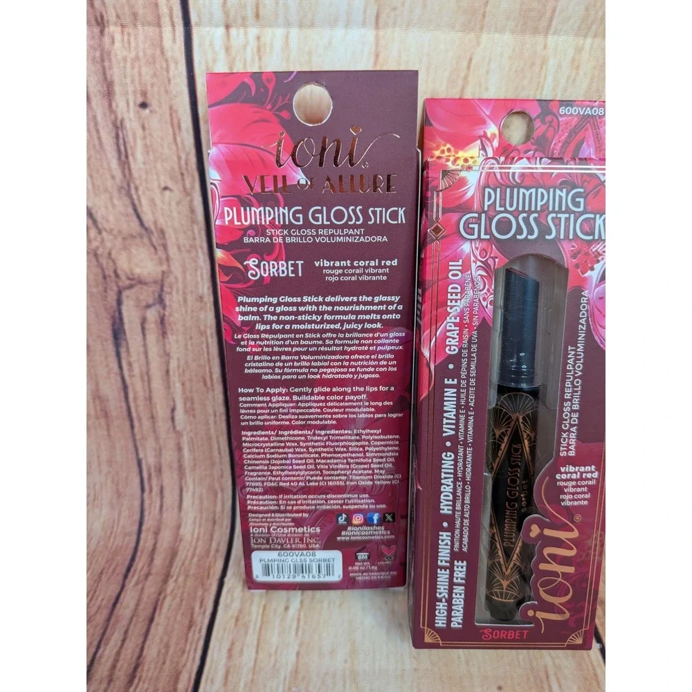 2 PK Ioni Veil of Allure Plumping Lip Gloss Stick Sorbet Vibrant Coral Red